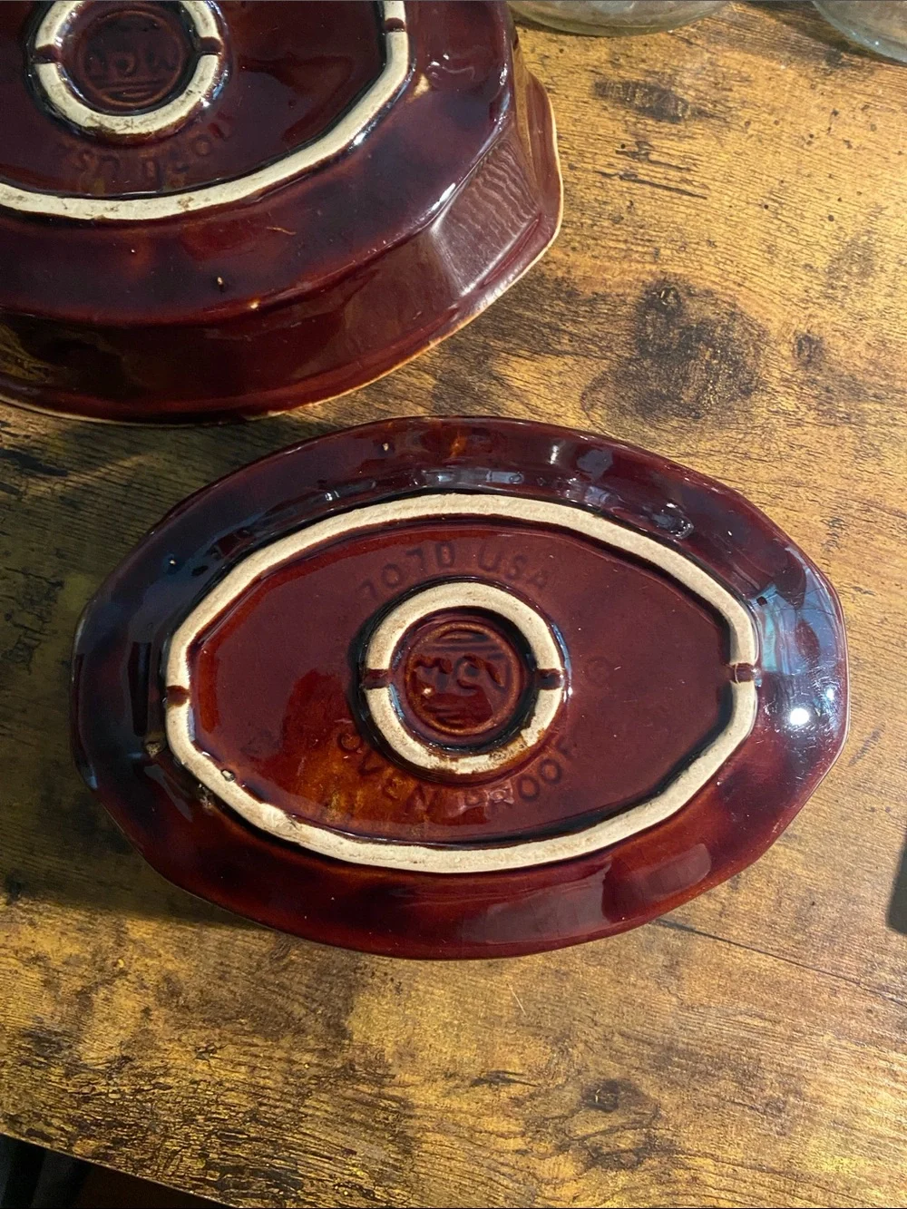 Set of 2 McCoy 7070 USA of proof Ceramic Brown and Deep Red Glazed Bowls